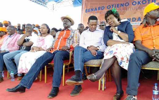 Maina Kamanda, Kivutha Kibwana,Anne Waiguru, Raila Odinga, Alfred Mutua and Charity Ngilu at a campaign rally for Bernard Imran Okoth in Kibra