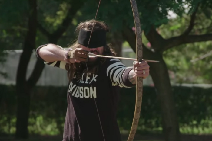 Jason Momoa Tries to Shoot Apple Off Corden's Head