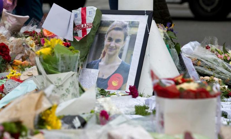A memorial to murdered Labour MP, Jo Cox outside the Houses of Parliament in London on June 20, 2016.