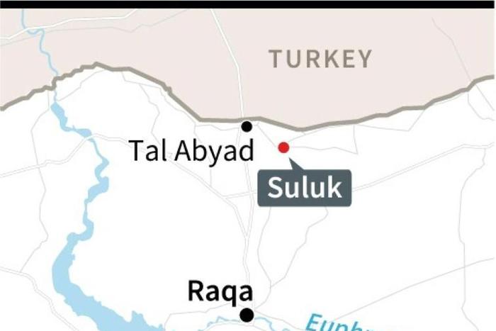 Map locating Suluk, near Tal Abyad in Syria, site of a deadly car bomb attack Sunday, according to the Syrian Observatory for Human Rights