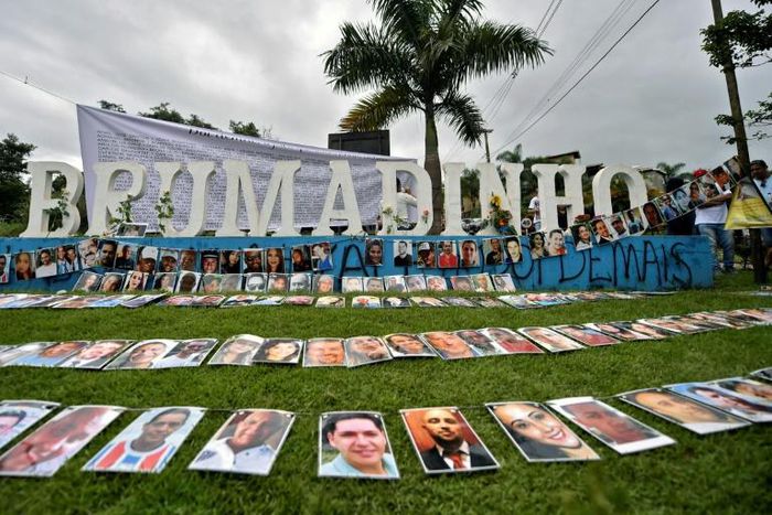View of the portraits of the victims of the January 25, 2019 collapse of a dam owned by mining giant Vale in the Brazilian city of Brumadinho
