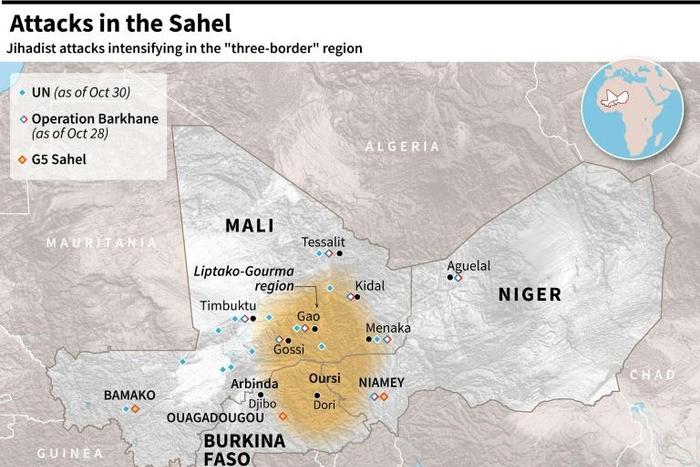 Map of Mali, Niger and Burkina Faso, locating the region where jihadist attacks have been intensifying.