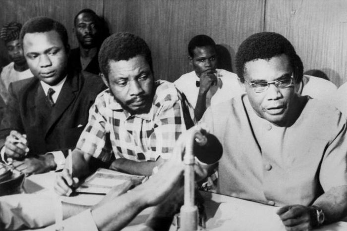 Capitulation: Biafran military chief General Philip Effiong, right, and Colonel David Ogunewe, centre, on January 12 1970