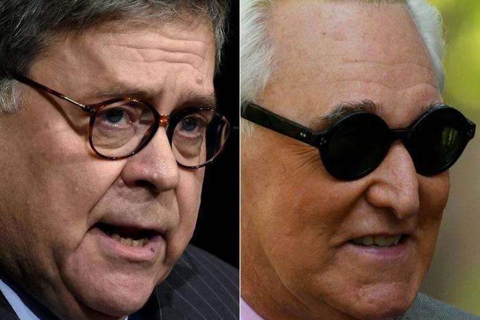 US Attorney General Bill Barr (L) is under fire for intervening in the criminal prosecution of Roger Stone, a close friend and political ally of President Donald Trump