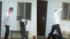 A collage image of Chinese boss caning his employee at Chez Wou restaurant