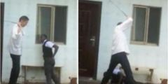 A collage image of Chinese boss caning his employee at Chez Wou restaurant