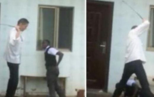 A collage image of Chinese boss caning his employee at Chez Wou restaurant