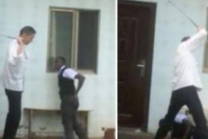 A collage image of Chinese boss caning his employee at Chez Wou restaurant