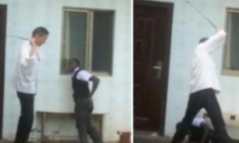 A collage image of Chinese boss caning his employee at Chez Wou restaurant