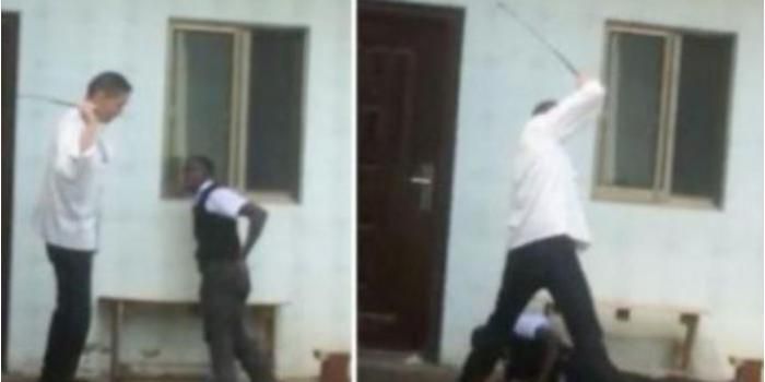 A collage image of Chinese boss caning his employee at Chez Wou restaurant