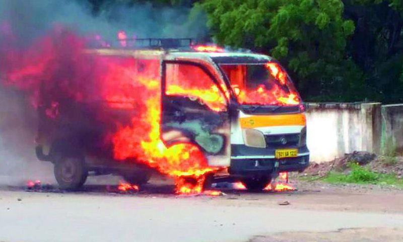File image of a van on fire. Several narrowly escape death after ambulance bursts into flames
