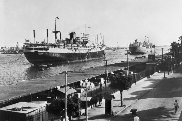 Ships on the Suez Canal in 1956, the year Egypt nationalised the waterway and sparked a major crisis with Britain, France and Israel