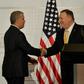 US Secretary of State Mike Pompeo (right) shakes hands with Colombia President Ivan Duque as the two meet in Bogota to discuss the humanitarian crisis in Venezuela