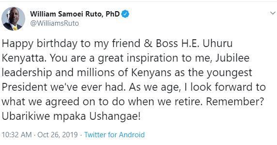 DP Ruto addresses deal with Uhuru and his retirement birthday message to Uhuru Kenyatta