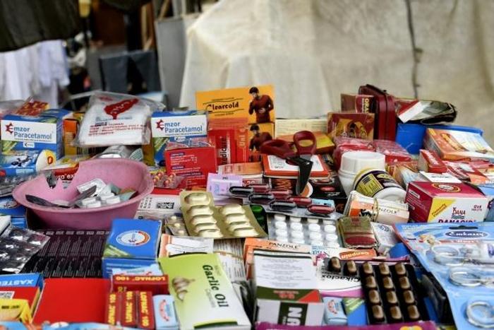 A drugs stall on a street in Lagos. Informal sales outlets are a major channel for counterfeit medicine