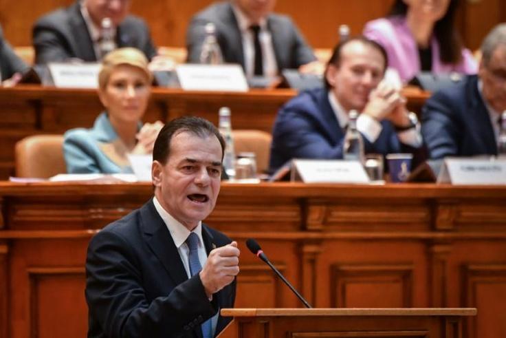 Ludovic Orban, seen speaking during the no-confidence vote, blamed "retrogressive forces" for his government falling -- though his liberals lead polls for an expected snap election