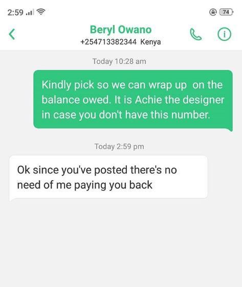 Singer Beryl Owano exposed after failing to pay designer for an outfit