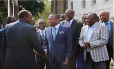 Mike Sonko greeting Prsident Uhuru Kenyatta as his former deputy Polycarp Igathe and other dignitaries look on