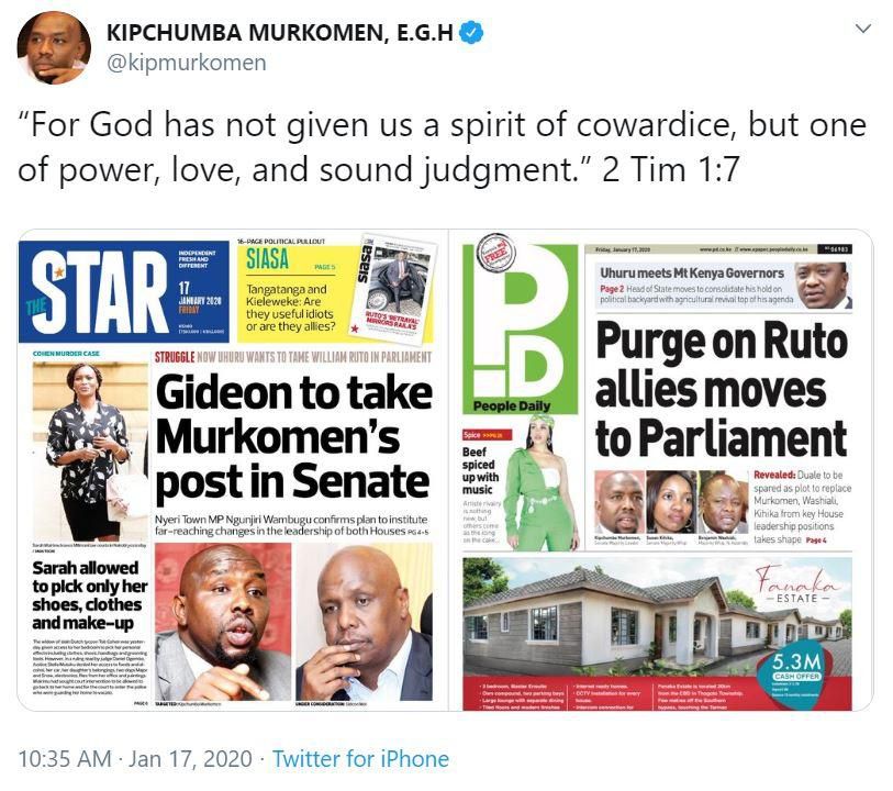 Senate Majority Leader Kipchumba Murkomen responds to claims of losing parliamentary position to Baringo Senator Gideon Moi