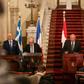 Egyptian Foreign Minister Sameh Shoukry (c) met his counterparts from Greece, Cyprus and France in Cairo to condemn recent agreements between Libya and Turkey on Wednesday