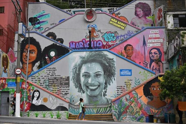 Slain Rio de Janeiro council woman, Marielle Franco, depicted in a mural on a  street in Sao Paulo, Brazil