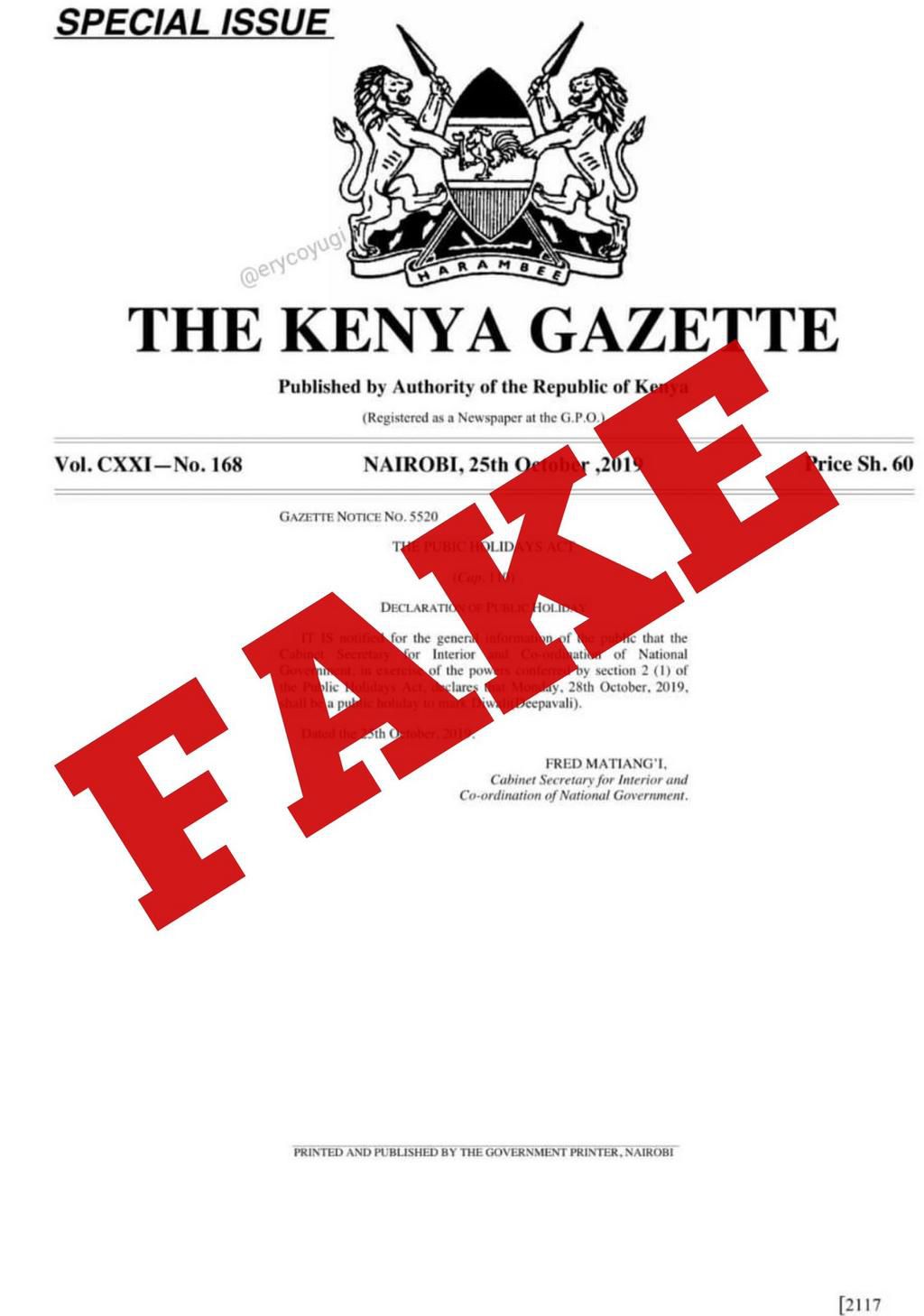 Monday Diwali celebration is not a public holiday - CS Fred Matiangi's Ministry of Interior declares