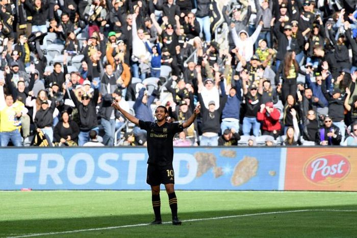 Carlos Vela of Los Angeles FC celebrates his goal in a 1-0 Major League Soccer victory over Inter Miami, the David Beckham-backed team making it's MLS debut this season