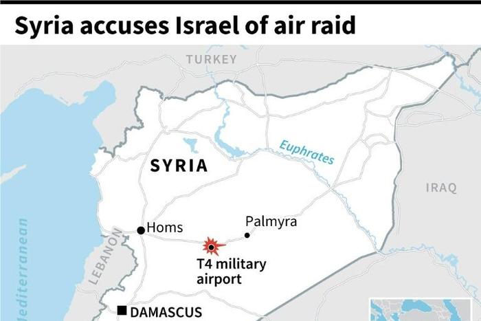 Map of Syria locating the T4 military airport, damaged by an aerial attack carried out by Israel, Syria's state news agency said.