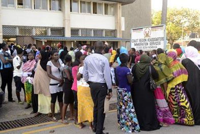 File image of a crowd outside the Regional Immigration offices in Mombasa. Four people who identified themselves as immigration officials, picked Paul Topf from his Lungalunga, Kwale County on November 26