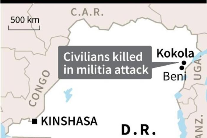 Map of DR Congo locating Kokola where ten civilians were killed in a militia attack, a local official said