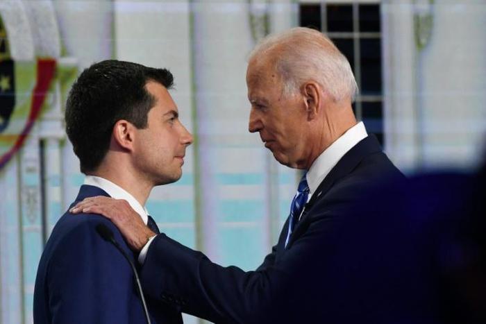Former Indiana mayor Pete Buttigieg (L) has endorsed former US vice president Joe Biden for president, shortly after abandoning his own White House hopes