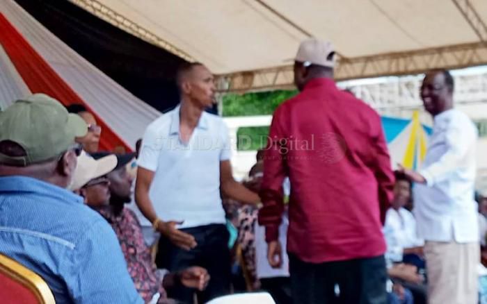 A photo published in the Standard that shows Suna East Junet Mohamed (right) and Nyali Mohammed 'Jicho Pevu' Ali, (left) in what appears to be a scuffle at the Mombasa BBI event