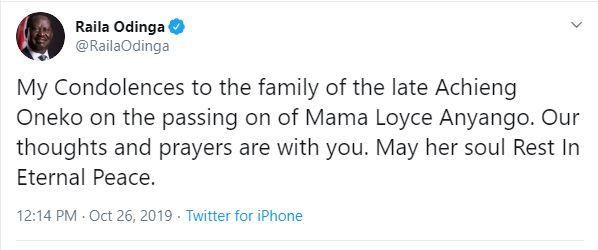 Raila Odinga mourns Loyce Anyango