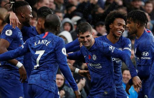 Christian Pulisic (centre) celebrates Chelsea's second goal in a 2-0 win over Crystal Palace