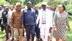 Nyandarua Governor Francis Kimemia, ODM party leader Raila Odinga, Meru Governor Kiraitu Murungi and Kirinyaga's Ann Waiguru during the BBI consultative meeting in Meru
