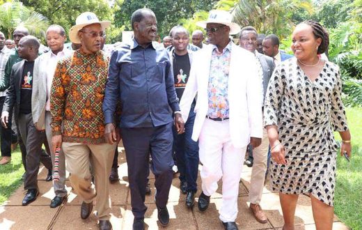 Nyandarua Governor Francis Kimemia, ODM party leader Raila Odinga, Meru Governor Kiraitu Murungi and Kirinyaga's Ann Waiguru during the BBI consultative meeting in Meru