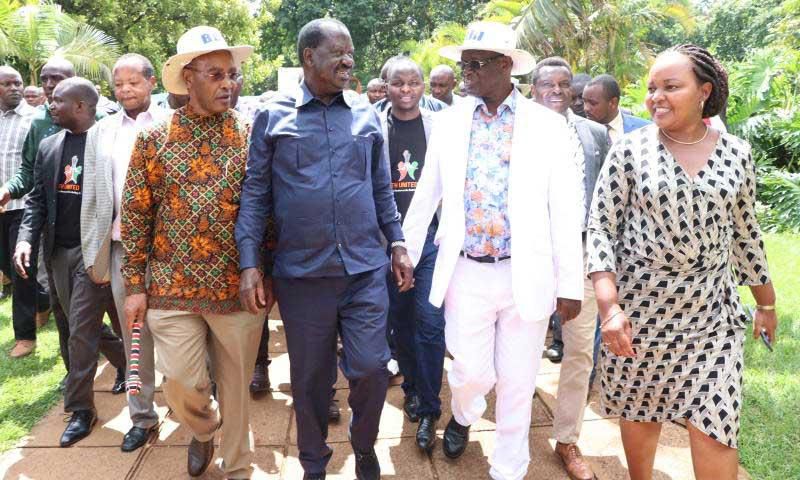 Nyandarua Governor Francis Kimemia, ODM party leader Raila Odinga, Meru Governor Kiraitu Murungi and Kirinyaga's Ann Waiguru during the BBI consultative meeting in Meru
