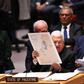 Palestinian president Mahmud Abbas holds up a map as he urges the UN Security Council to reject US President Donald Trump's Middle East plan
