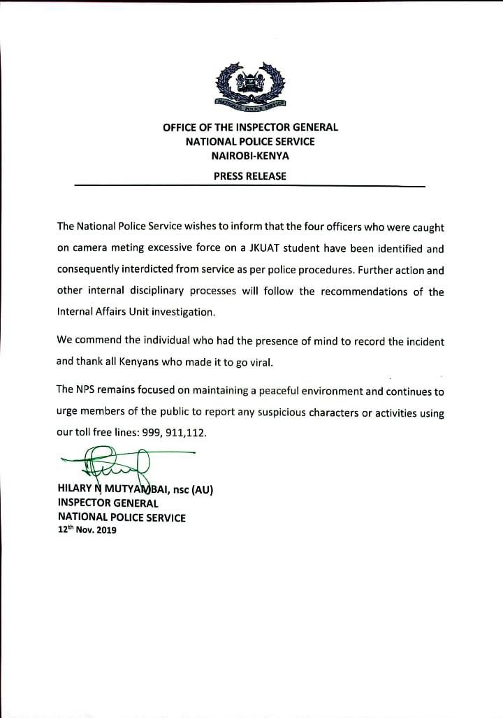 4 police caught on camera beating fourth year JKUAT student Allan Omondi suspended