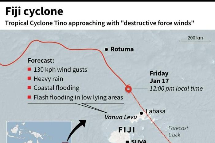 Map showing Fiji and the path of Tropical Cyclone Tino