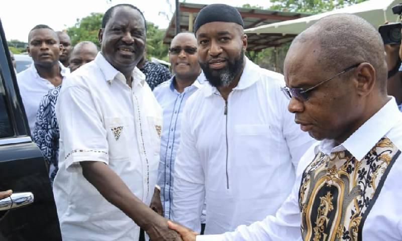 Raila Odinga with Governors Hassan Joho and Amason Kingi in Mombasa The Mombasa BBI rally set for January 25 will be held at Mama Ngina Waterfront Park not Tononoka Grounds as earlier stated