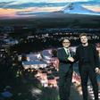 Toyota President and CEO Akio Toyoda (L) and Danish architect Bjarke Ingel reveal plans for a prototype "city" of the future at the base of Mt. Fuji in Japan during the Toyota press conference at the 2020 Consumer Electronics Show