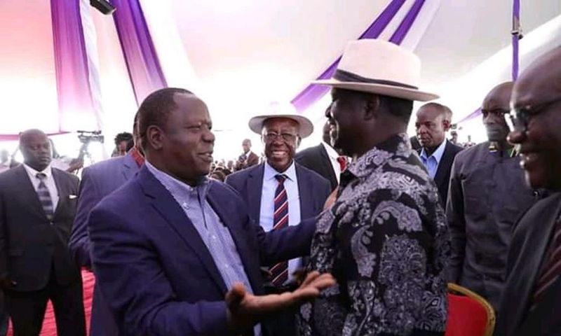 Interior Cabinet Secretary Dr Fred Matiangi having a chat with ODM leader Raila Odinga at a past event