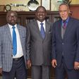 BBI Chairman Yusuf Haji (right), BBI member Adams Oloo (left) with handshake partner Raila Odinga. BBI taskforce makes final announcement on much-awaited Report