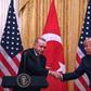 Standing next to US President Donald Trump at the White House in November 2019, Turkey's President Recep Tayyip Erdogan (L) warned that "allegations are being used in order to dynamite our reciprocal and bilateral relations"