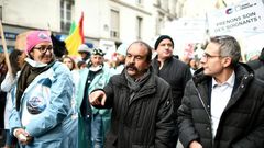 Philippe Martinez, centre, head of France's CGT labour union, at a hospital workers strike in Paris in November. He called the government's pension reform plan a "flagrant provocation."