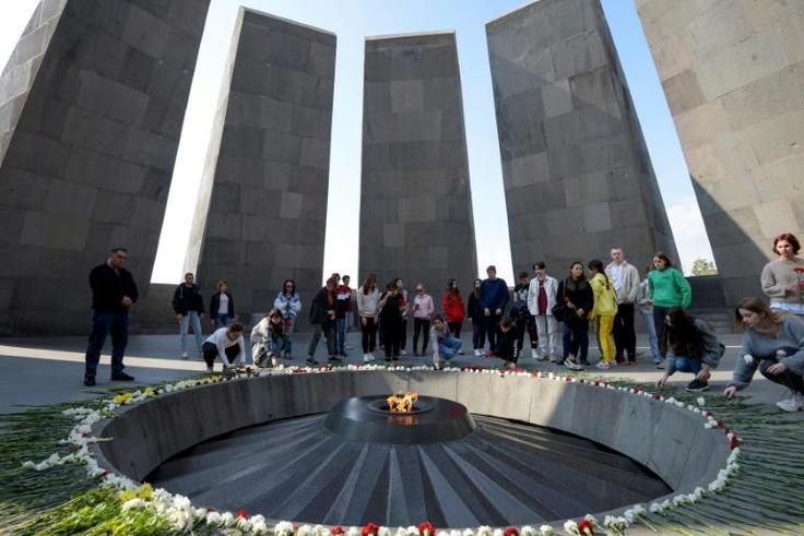 People visit the Tsitsernakaberd Armenian Genocide Memorial in Yerevan in October 2019