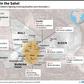 Map of Mali, Niger and Burkina Faso, locating deaths in fighting involving jihadists since Nov 1.