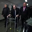 Disgraced Hollywood mogul Harvey Weinstein looked frail as he was helped into the courtroom using a walking frame