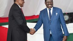 Once were rivals: President Uhuru Kenyatta, left, and opposition leader Raila Odinga at an annual prayer breakfast for national unity in May 2018.